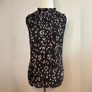 Ann Taylor Floral Pleated Black Sleeveless Top Size XSmall